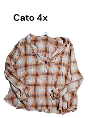 Cato Orange & White Plaid Henley Blouse - 4X